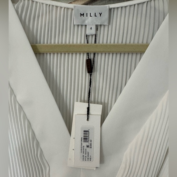 MILLY Liv Belted Pleated Long Sleeve Dress White NWT Size 4 - Picture 4 of 6